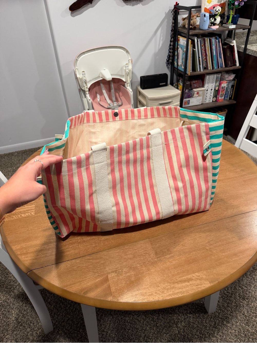 Striped Canvas Tote Bag in Pink and Teal